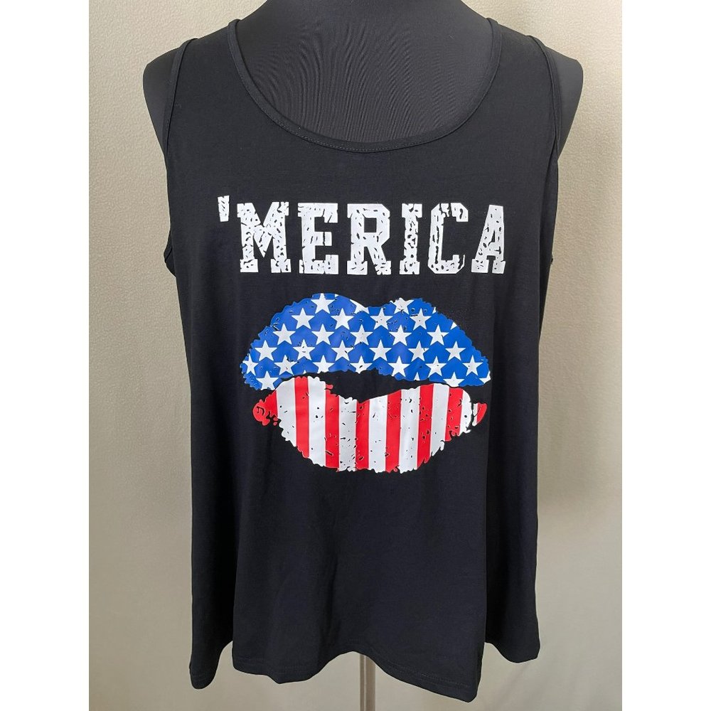 Unisex Black Graphic Red/ White/ Blue " 'MERICA" Lips Graphic Tank Top